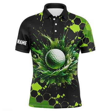 Men's Custom Black and Green Watercolor Golf Polo Shirts - Ideal Gift for Golf Enthusiasts N7292