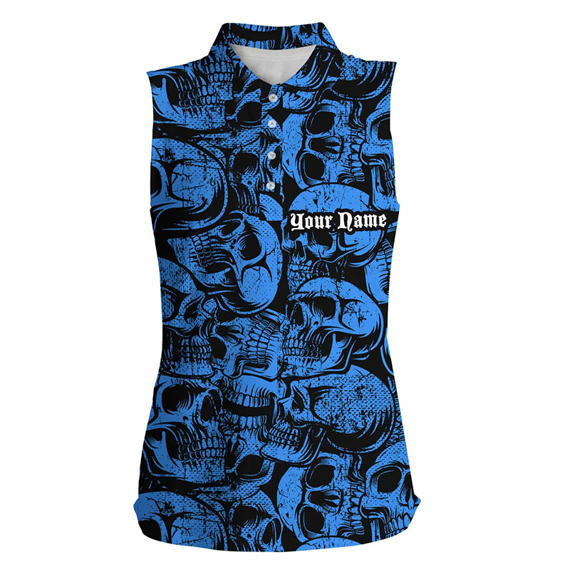 Blue Skull Camo Pattern Women's Sleeveless Polo Shirt - Stylish Golf Top for Ladies, Perfect Gift for Golf Enthusiasts N8958