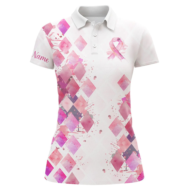 
Pink Argyle Pattern Women's Golf Polo Shirt - Custom Watercolor Breast Cancer Awareness Apparel
 N8285