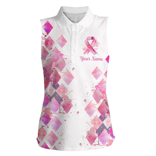 
Women's Custom Breast Cancer Awareness Polo Top, Watercolor Pink Argyle Pattern, Sleeveless Design
 N8285
