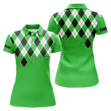 Women's Plus Size Green Argyle Plaid Golf Polo Shirt with Custom Skull Pattern N4966