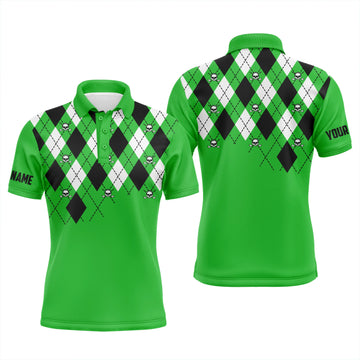 Men's Plus Size Green Argyle Plaid Golf Polo Shirt with Custom Name - Green Golf Tops with Skull Pattern N4966