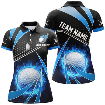 
Custom Women's Golf Polo Shirt - Black and Blue Fire Design, Personalized Ladies Golf Outfit for Teams
 N8302