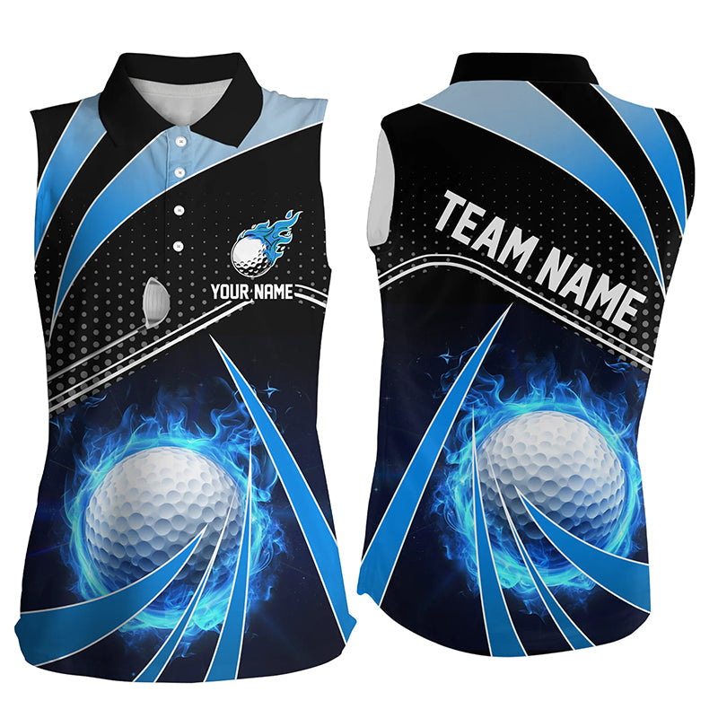 
Custom Women's Sleeveless Polo Shirt - Black and Blue Fire Golf Ball Design, Personalized Golf Outfit for Teams
 N8302