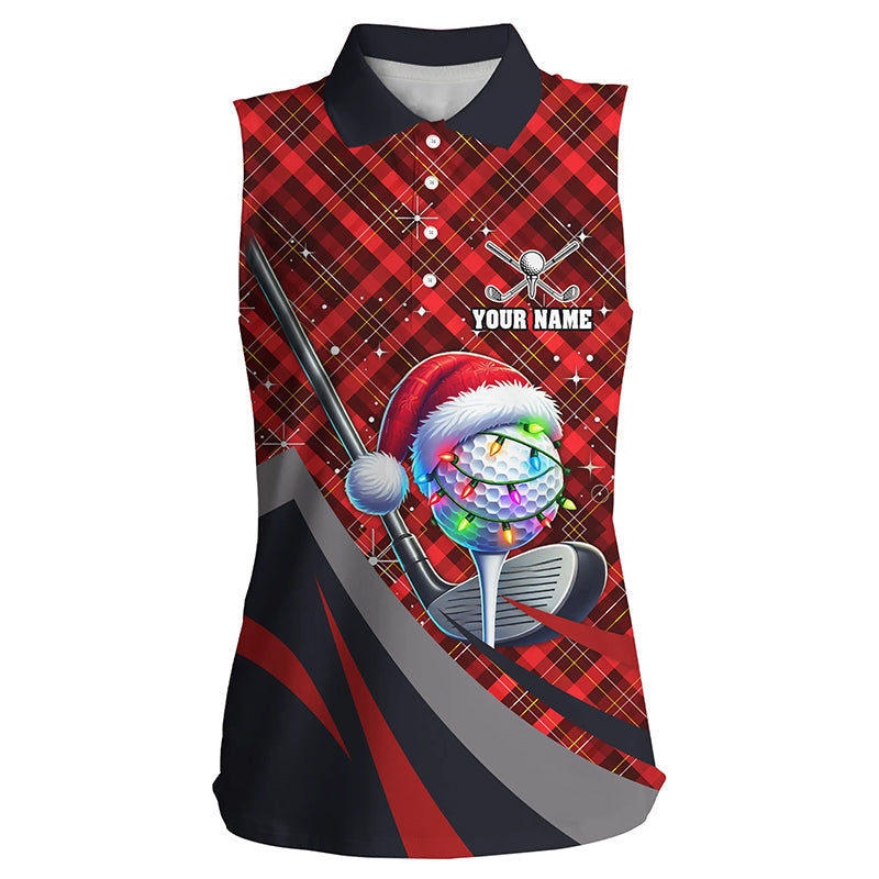 Red Plaid Christmas Golf Polo Shirt for Women - Sleeveless Xmas Outfit with Custom Pattern N8984