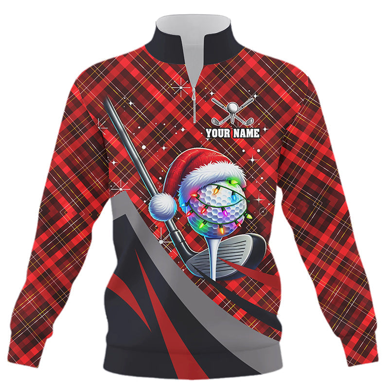 Red Plaid Christmas Golf Sweatshirt for Men, Quarter Zip Custom Design, Festive Holiday Golf Sweater N8984