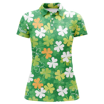 Women's Custom Name Green Clover Pattern Golf Polo Shirt for St. Patrick's Day - UK Audience N4749