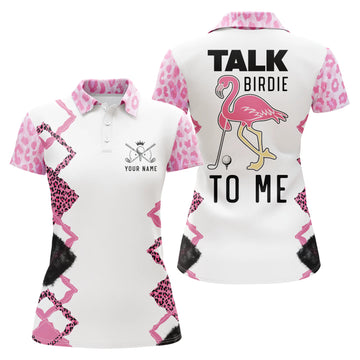 Stylish Pink Leopard Women's Golf Polo Shirt - Personalized 'Talk Birdie to Me' Design with Custom Name - Pink Flamingo Golf Shirts N4984