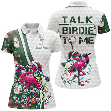 Funny Women's Golf Polo Shirt - Custom Pink Flamingo Design, Green Christmas Golf Shirt, "Talk Birdie to Me" N8991