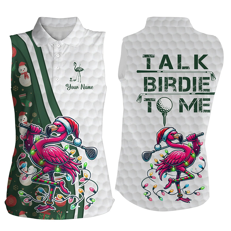 Funny Women’s Sleeveless Polo Shirt - Custom Pink Flamingo Green Christmas Golf Shirt - Talk Birdie to Me Design N8991