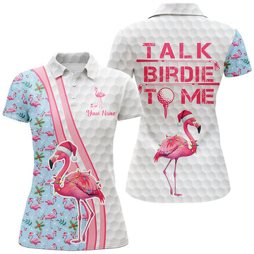 Funny Women's Golf Polo Shirt - Custom Pink Flamingo Blue Design, "Talk Birdie to Me" Theme N8992