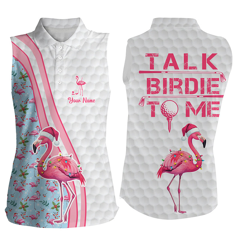 Funny Women's Sleeveless Polo Shirt - Custom Pink Flamingo Blue Christmas Golf Shirt, "Talk Birdie to Me" Design N8992