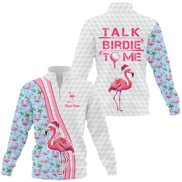 Funny Quarter Zip Golf Sweatshirt - Custom Pink Flamingo Blue Christmas Sweater, Talk Birdie to Me Design N8992