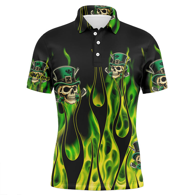 Men's Green Clover Skull St. Patrick's Day Golf Polo Shirt - Custom Green Fire Golf Apparel N7055