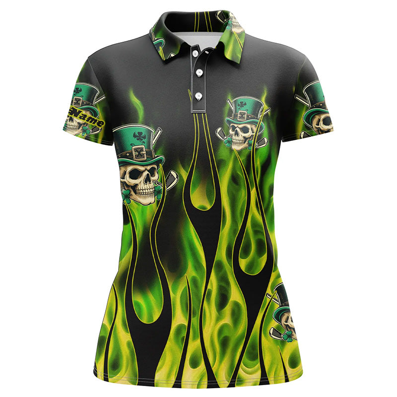 Ladies' Golf Polo Shirt with Green Clover Skull Design for St. Patrick's Day - Custom Green Fire Golf Apparel N7055