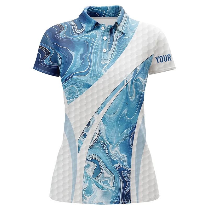 Blue Camo Custom Women's Golf Polo Shirt with White Golf Ball Design - Ladies Golf Tops, Perfect Gift for Golfers N7512