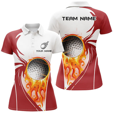 Women's Custom Golf Ball Fire Golf Polo Shirt - Ladies Golf Tops in Red N7062