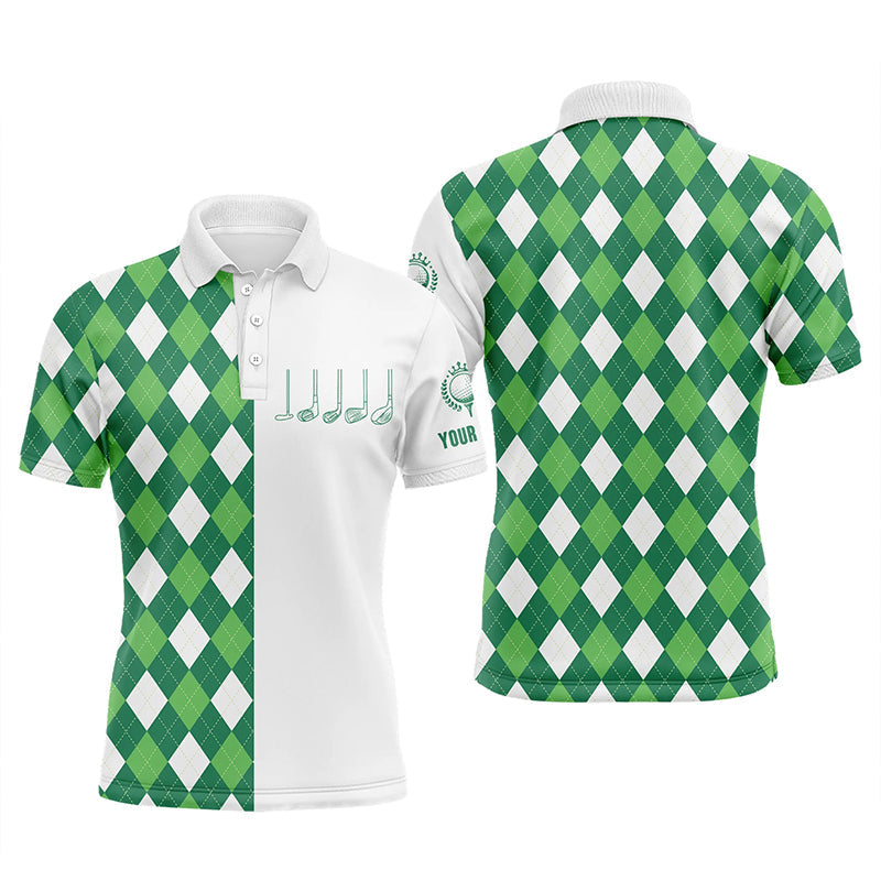 Men's Green and White Argyle Plaid Golf Polo Shirt - Custom Golf Wear N5019