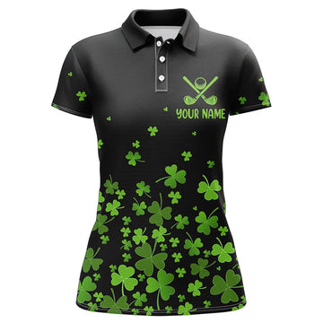 Women's Custom Green Clover St. Patrick's Day Golf Polo Shirt with Black Pattern N7183