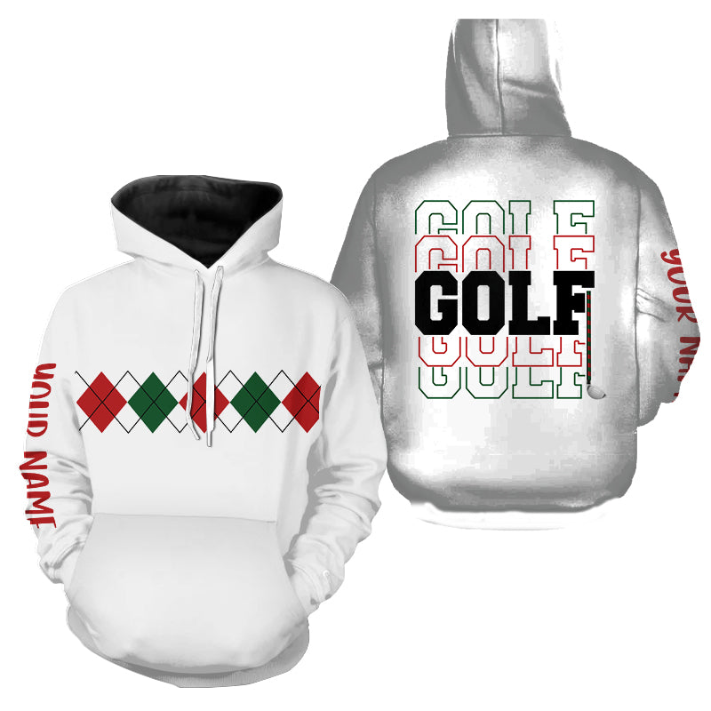 Christmas Argyle Pattern Golf Hoodie - Custom Green, Red & White Design for Festive Golfing N9022