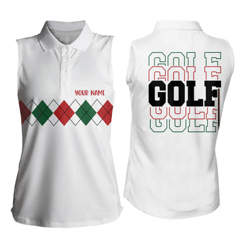 Women's Sleeveless Polo Shirt - Green, Red, and White Christmas Argyle Pattern - Custom Golf Shirt N9022