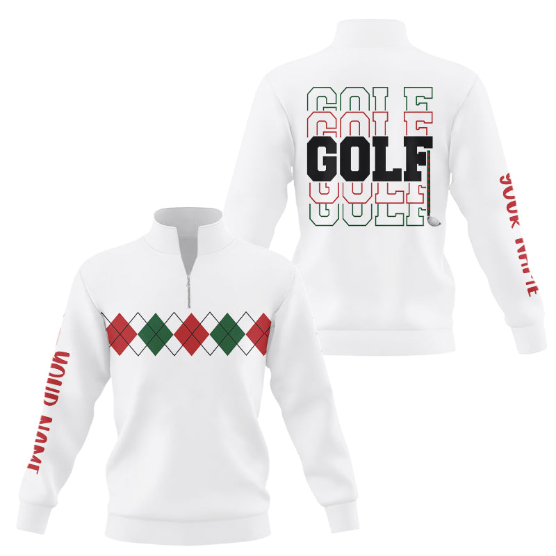 Christmas Argyle Pattern Quarter Zip Golf Sweatshirt, Green Red White Custom Xmas Golf Sweater N9022