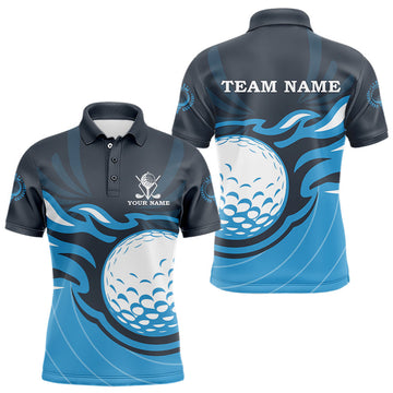 Men's Custom Flame Golf Polo Shirt - Cool Golf Gifts, Breathable Fabric, Moisture-Wicking, Blue N9027