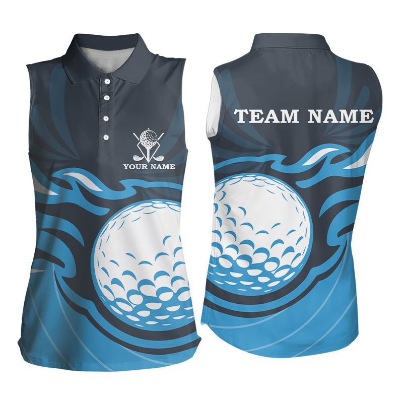 Women’s Sleeveless Polo Shirt - Custom Flame Golf Ball Design, Cool Golf Gift for Ladies, Blue N9027