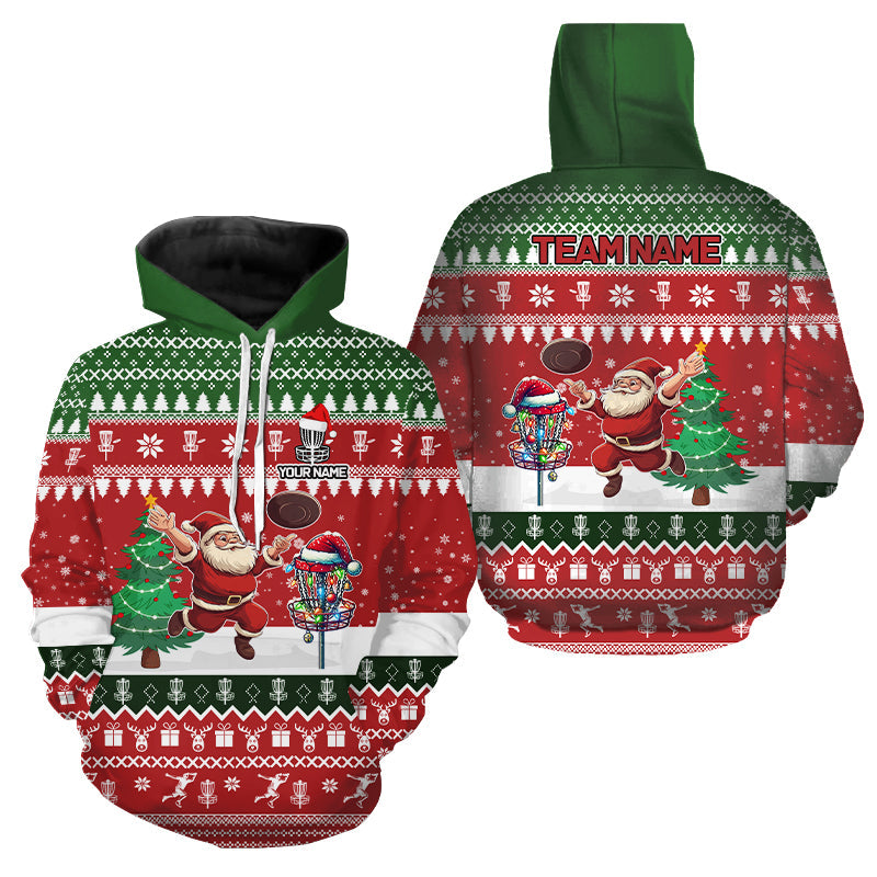 Funny Santa Disc Golf Hoodie with Custom Team Name | Ugly Xmas Outfit for Frisbee Golf N9028