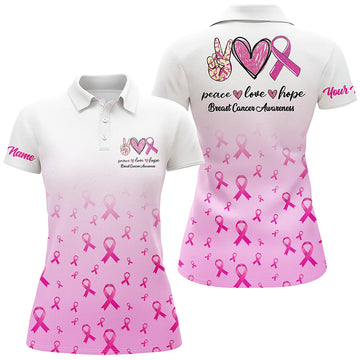 White Women's Golf Polo Shirt with Pink Ribbon - Custom Breast Cancer Awareness Golf Outfit with Peace, Love, and Hope N6463