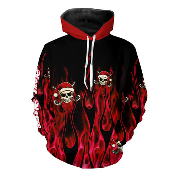 Black and Red Flame Golf Hoodie - Custom Santa Skull Christmas Apparel for Golf Enthusiasts N9041