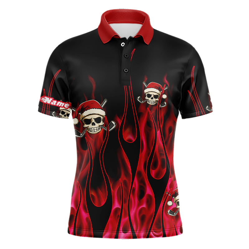 Men's Black and Red Flame Golf Polo Shirt - Custom Santa Skull Christmas Apparel N9041