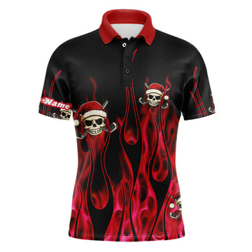 Men's Black and Red Flame Golf Polo Shirt - Custom Santa Skull Christmas Apparel N9041