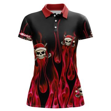 Black and Red Flame Women's Golf Polo Shirt - Custom Santa Skull Christmas Golf Apparel N9041