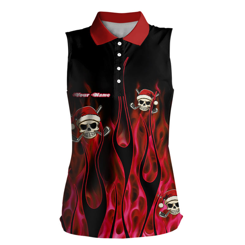 Black and Red Flame Women’s Sleeveless Polo Shirt - Custom Fire Santa Skull Christmas Golf Apparel N9041