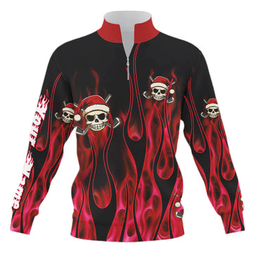 Black and Red Flame Quarter Zip Golf Sweatshirt with Custom Santa Skull Design - Christmas Golf Sweater N9041