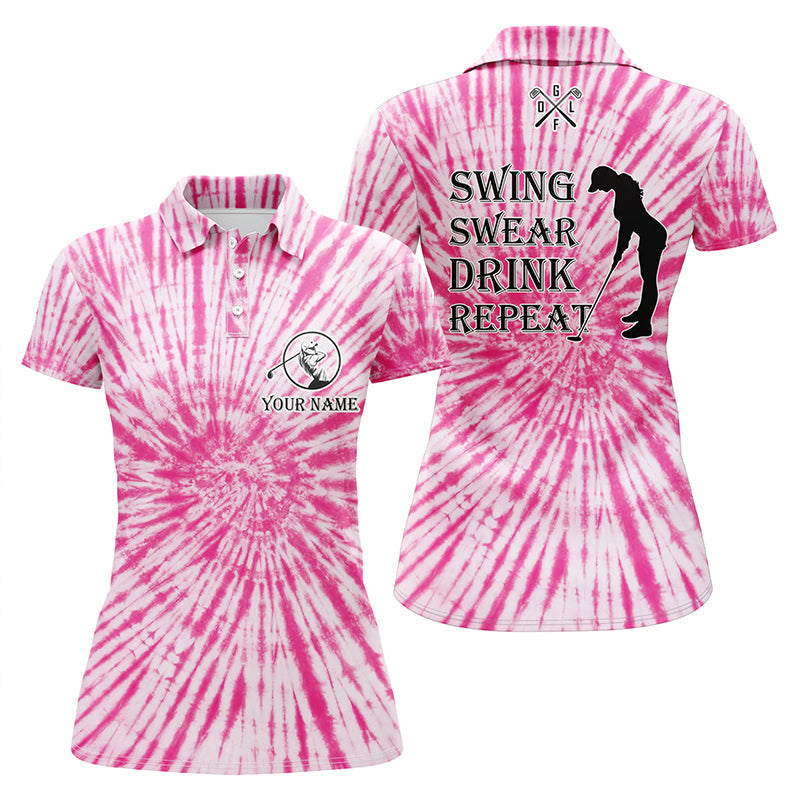 Women's Pink Tie Dye Golf Polo - Swing, Swear, Drink Repeat Custom Name N5576
