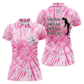 Women's Pink Tie Dye Golf Polo - Swing, Swear, Drink Repeat Custom Name N5576