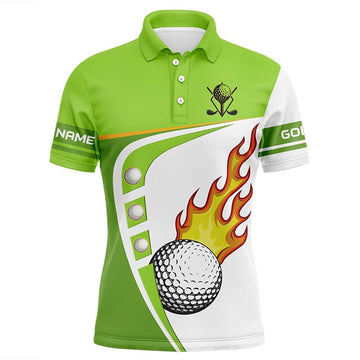 Men's Custom Golf Polo Shirt in White and Green with Golf Ball Fire Design - Premium Golf Apparel for Men, Green Golf Top N7378