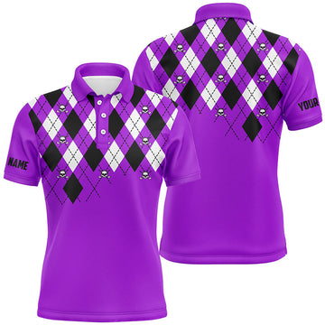 Men's Purple Golf Polo Shirt with Argyle Plaid and Skull Pattern N7213