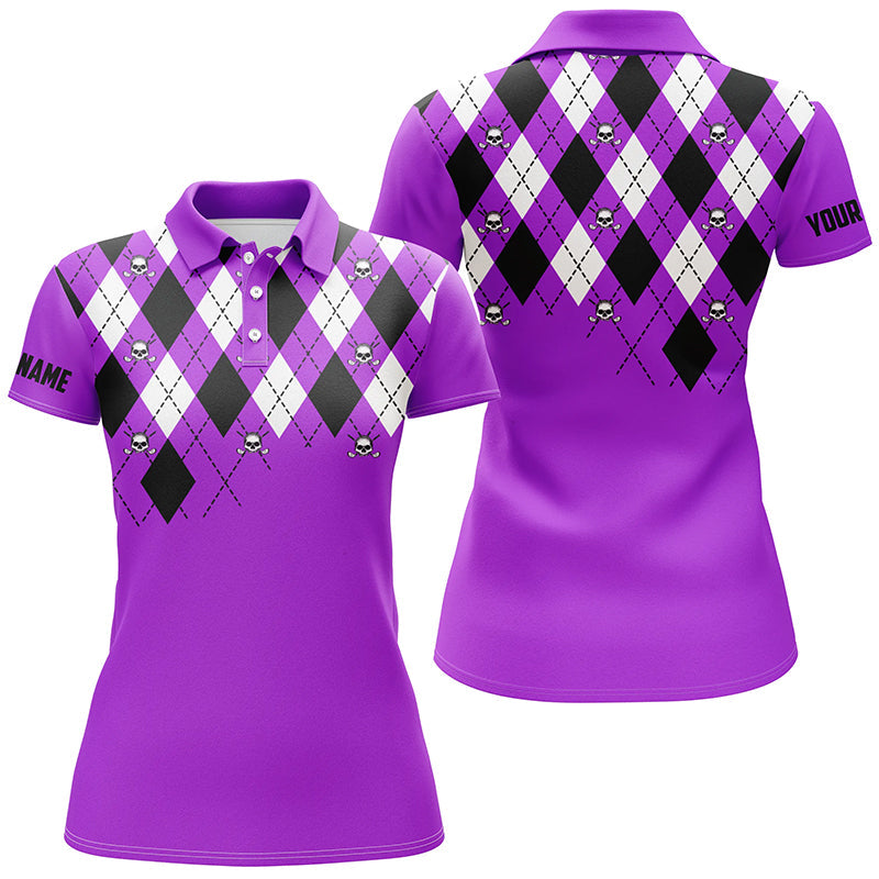 Women's Purple Argyle Plaid Golf Polo Shirt with Skull Pattern - Custom Ladies Golf Top N7213