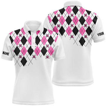 Men's Pink and Black Argyle Plaid Golf Polo Shirt with Skull Pattern - Custom White Golf Top N7214