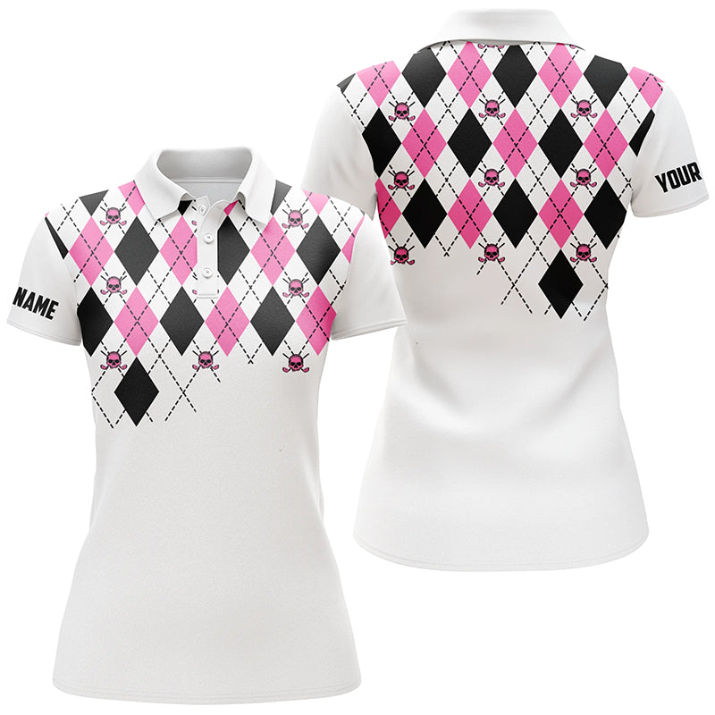 Women's Pink and Black Argyle Plaid Golf Polo Shirt with Skull Pattern - Custom White Ladies Golf Top N7214