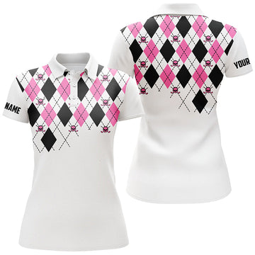 Women's Pink and Black Argyle Plaid Golf Polo Shirt with Skull Pattern - Custom White Ladies Golf Top N7214