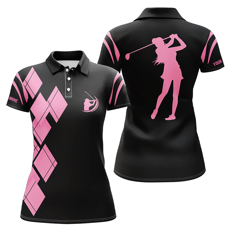 Black and Pink Argyle Pattern Women's Golf Polo Shirt - Custom Ladies Golf Shirt N7401
