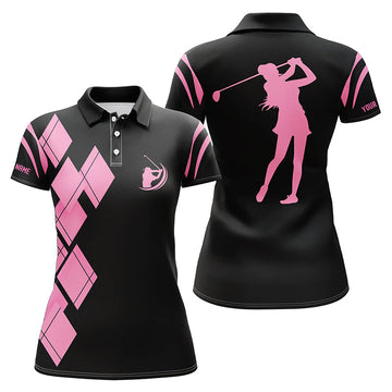 Black and Pink Argyle Pattern Women's Golf Polo Shirt - Custom Ladies Golf Shirt N7401