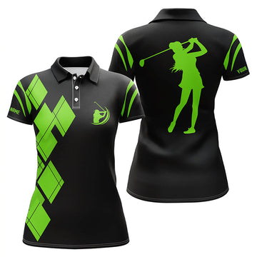Black and Green Argyle Pattern Women's Golf Polo Shirt - Custom Ladies Golf Shirt for Women N7402