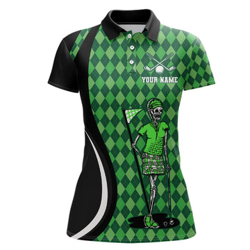 Custom Black and Green Argyle Pattern Women's Golf Polo Shirt with Golf Skull Design - Golf Tops for Ladies, Golf Gifts N7010