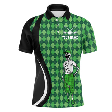 Men's Custom Black and Green Argyle Pattern Golf Polo Shirt with Golf Skull Design - Golf Tops for Women - Golf Gifts N7010