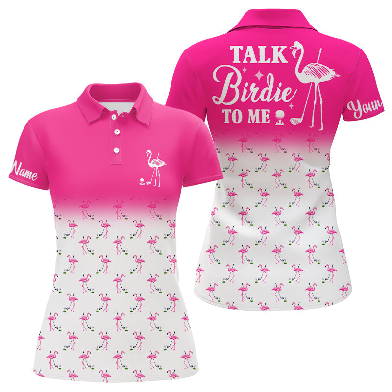 Women's Pink and White Flamingo Golf Polo Shirt - "Talk Birdie to Me" - Funny Golf Shirt N6118